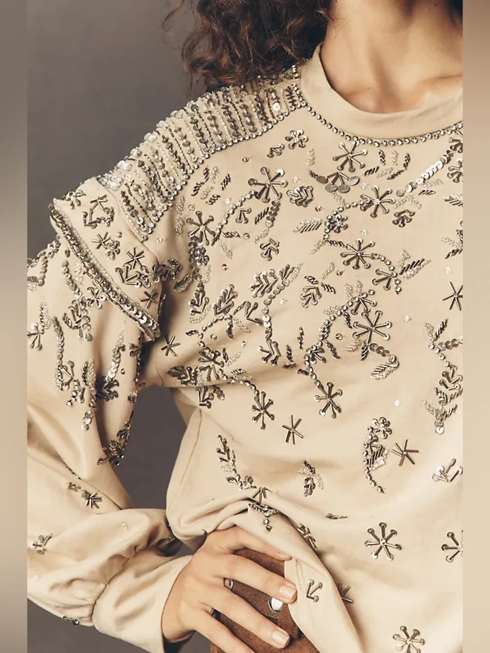 Pilcro Beige Embellished Crewneck Sweatshirt